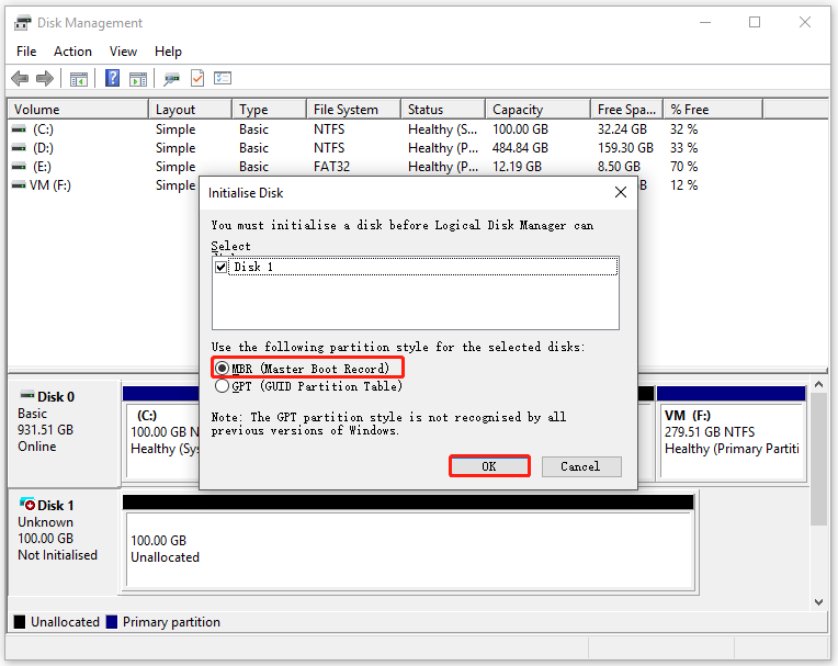 choose a partition system for the Windows 10 virtual drive