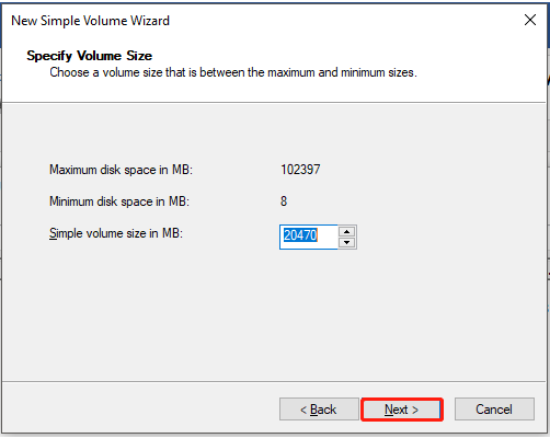 specify the volume size