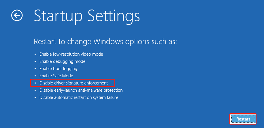 Disable driver signature enforcement