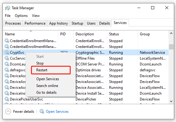 restart the CryptSvc service in Task Manager