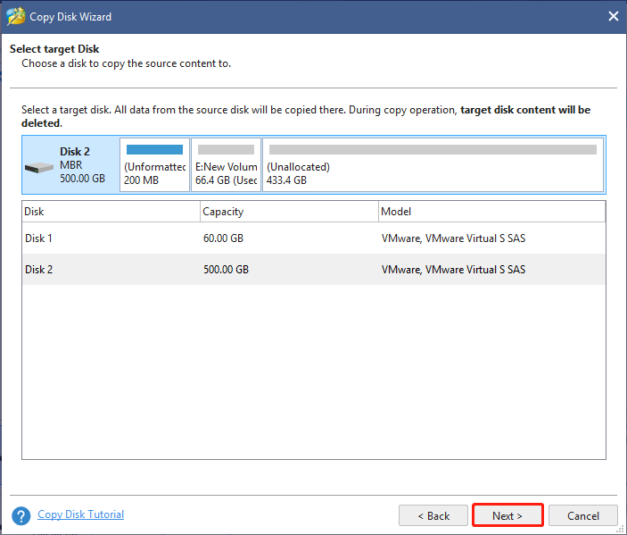 select a target drive in MiniTool