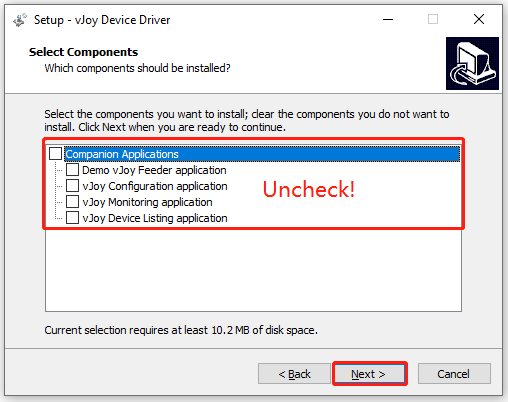 uncheck Companion Application while installing VJoyd