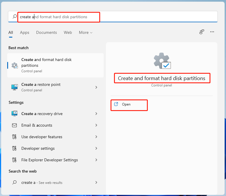 open Disk Management Windows 11 from the Search menu