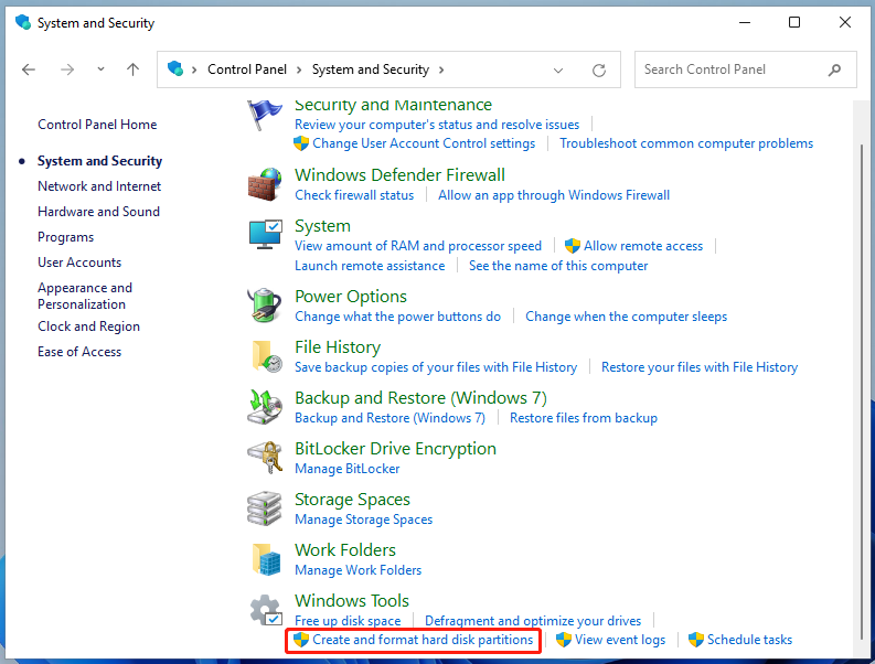 click Create and format hard disk partitions