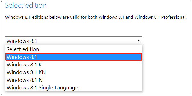select Windows 8.1 version from Microsoft
