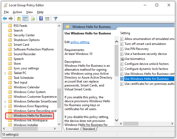 go to Windows Hello for Business in Policy Editor