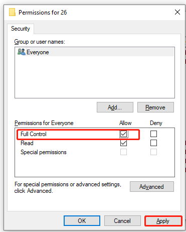 select Full Control for permissions