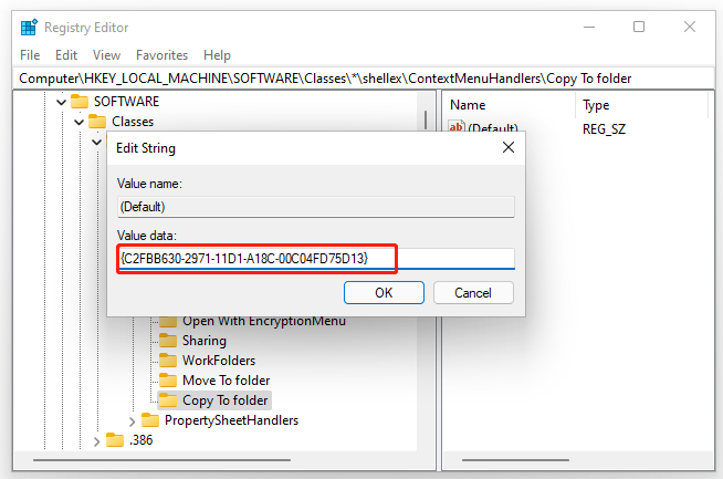 add Copy To folder option in Registry Editor