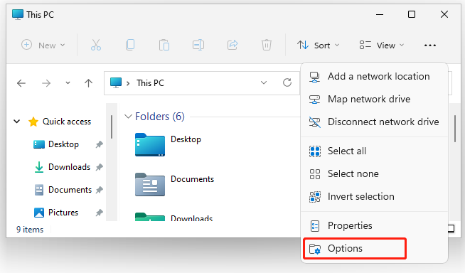 select Options in Windows 11 File Explorer