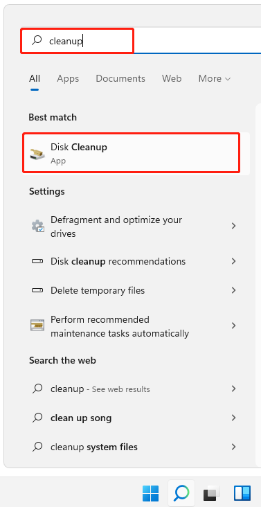 type cleanup in Windows 11 search bar