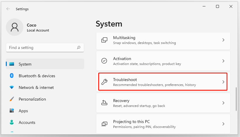 select Troubleshoot in Windows 11