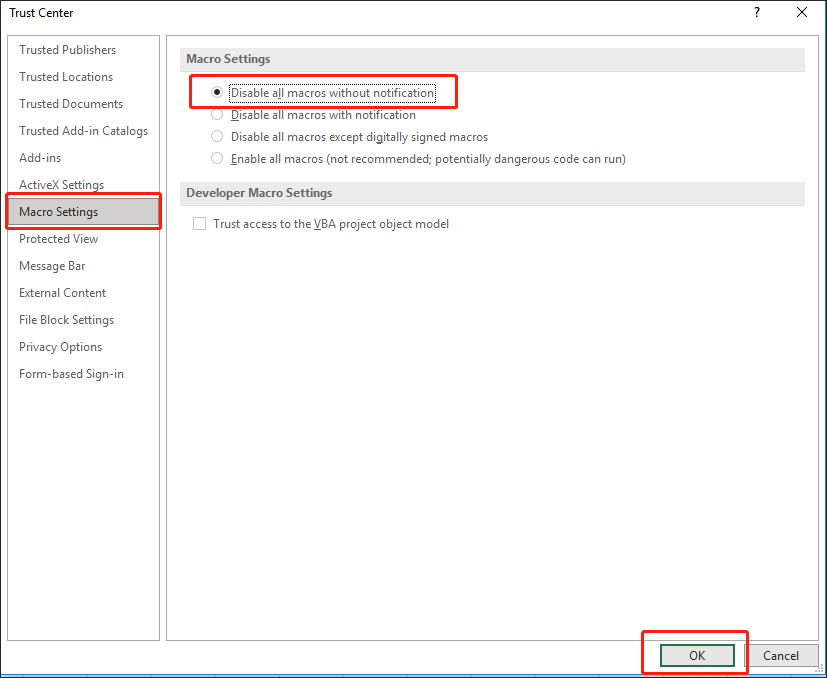 disable all macros without notification