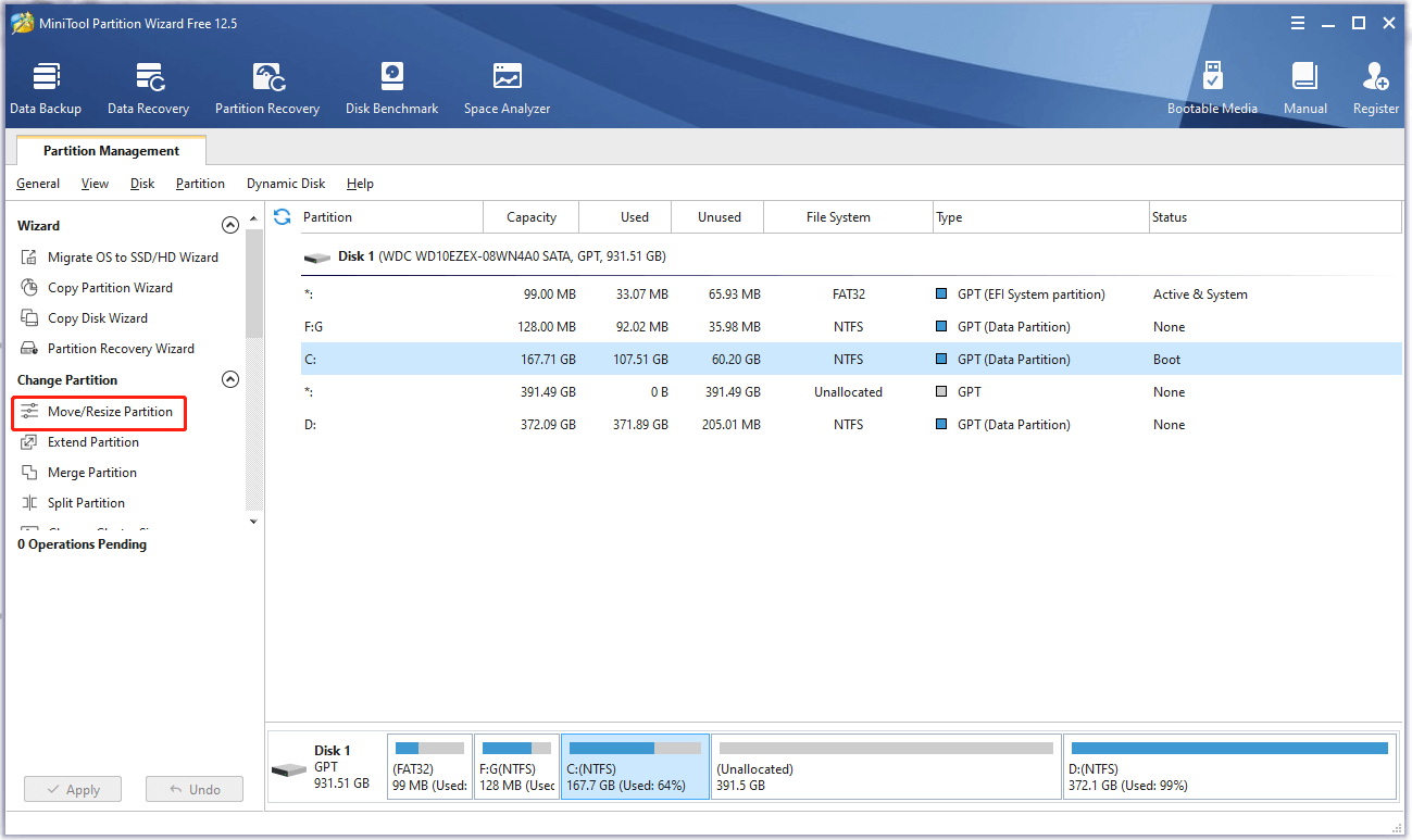 click move resize partition