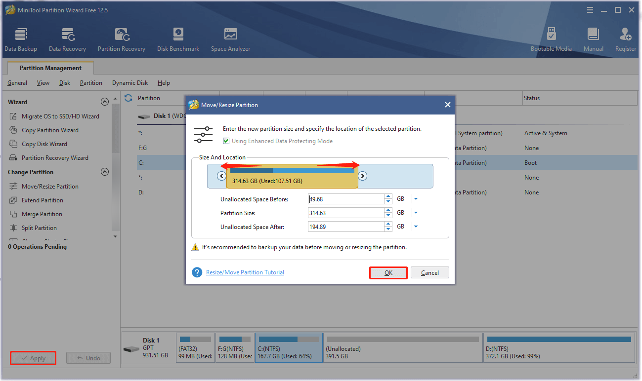 apply the move resize partition operation