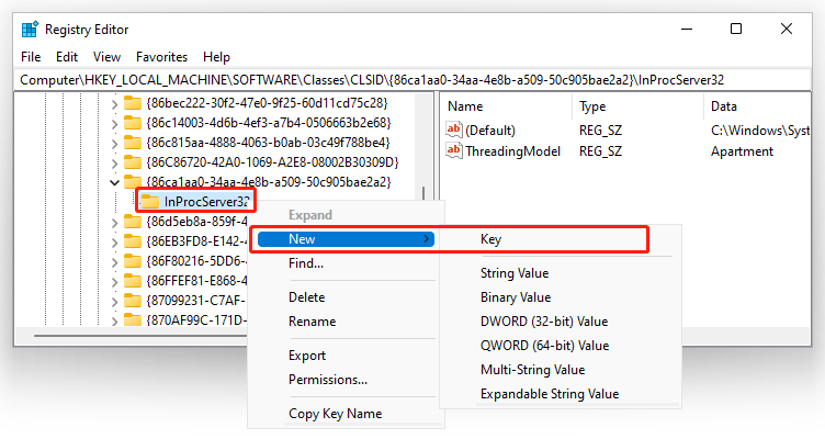 create a registry key named InprocServer32