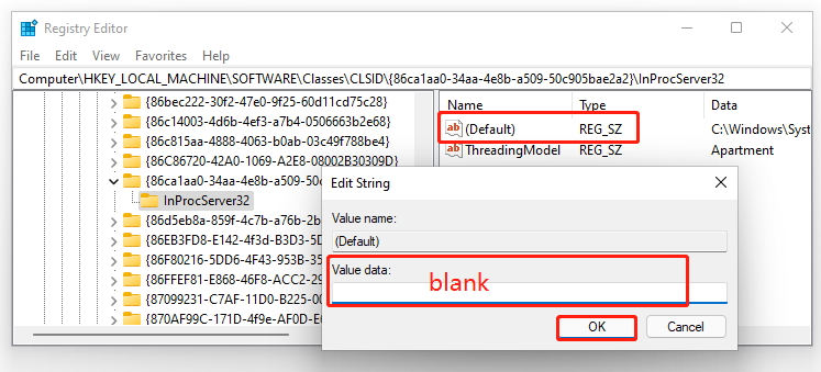 set the value data of default to blank