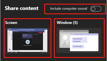 three options on the Share content window