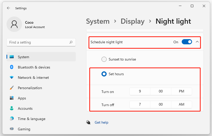 click Schedule night light Windows 11