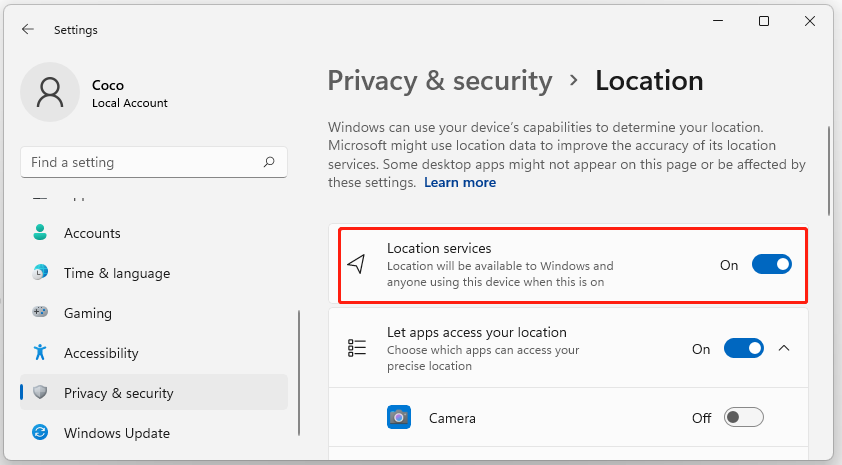 enable Location services in Windows 11