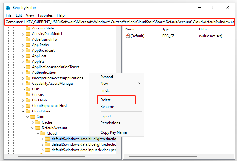 delete bluelightreductionstate in Registry Editor Windows 11