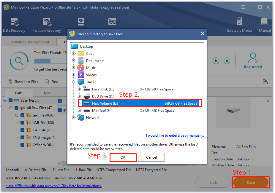 save the recovered data in MiniTool Partition Wizard
