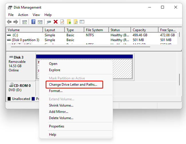change drive letter and paths in Disk Management