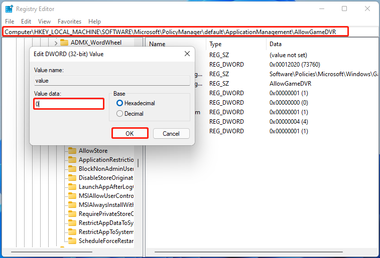disable AllowGameDVR Windows 11