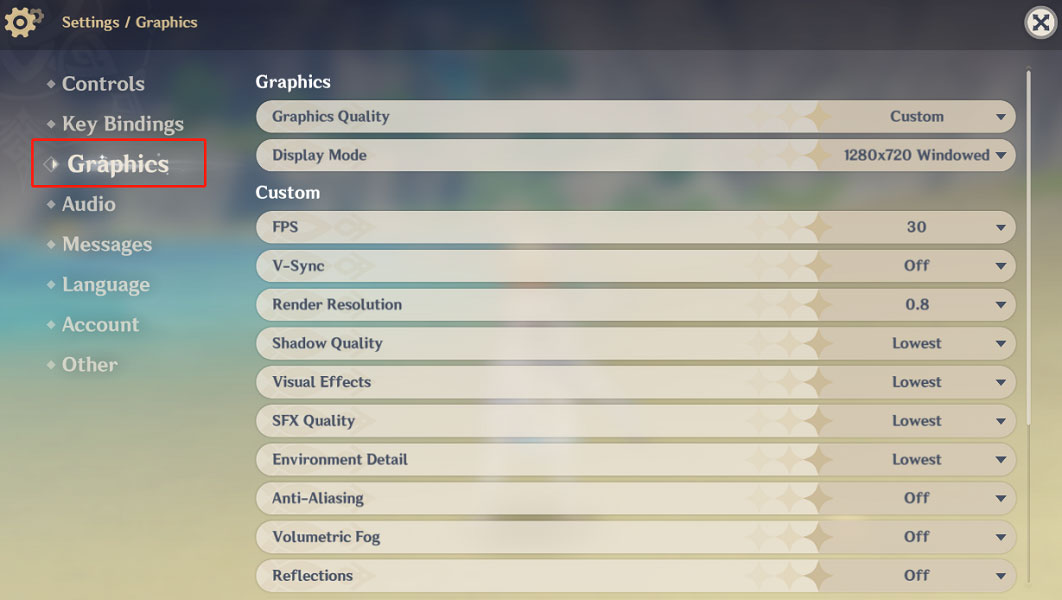change Graphics settings