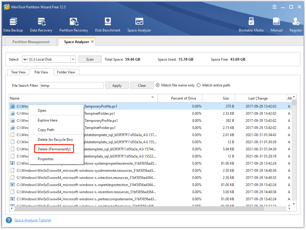 permanently delete temp files in MiniTool