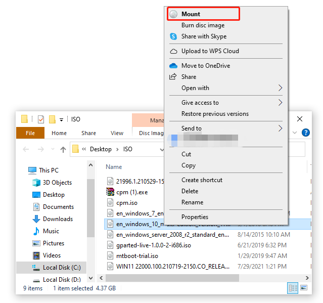 mount Windows 10 ISO file from File Explorer