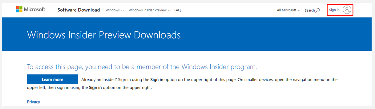 sign into Windows Insider Preview Downloads page