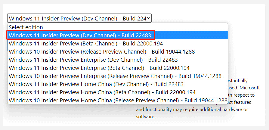 select Windows 11 Insider Preview build 22483