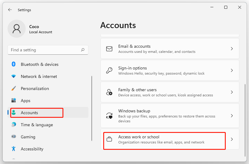 click on Access work or school Windows 11