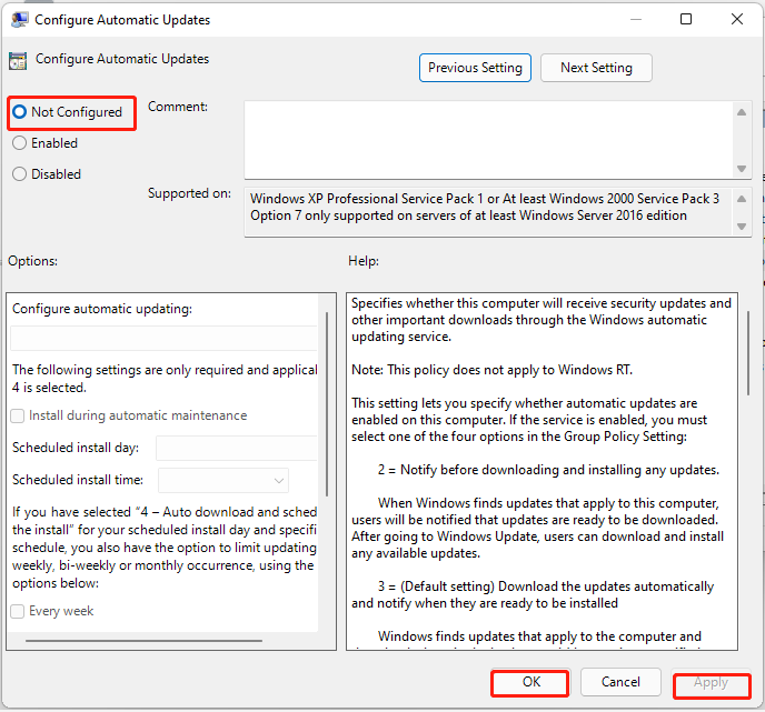 set Configure Automatic Updates to Not Configured