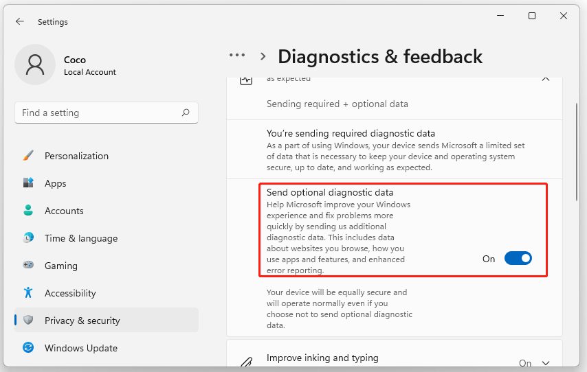 Sent optional diagnostic data in Windows 11