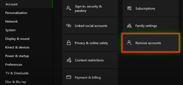 click Remove accounts in Xbox
