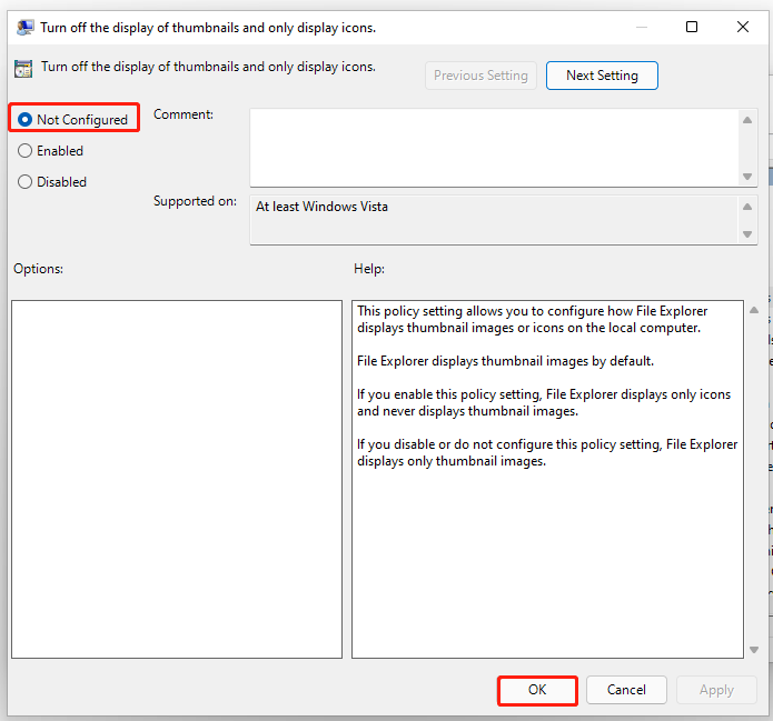 select Not Configured in Group Policy Editor