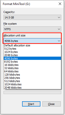 allocation unit size USB
