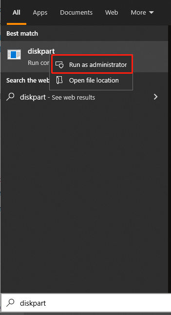 run diskpart as administrator