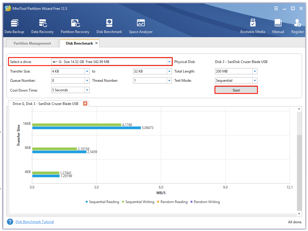 test performance of a drive using MiniTool Partition Wizard