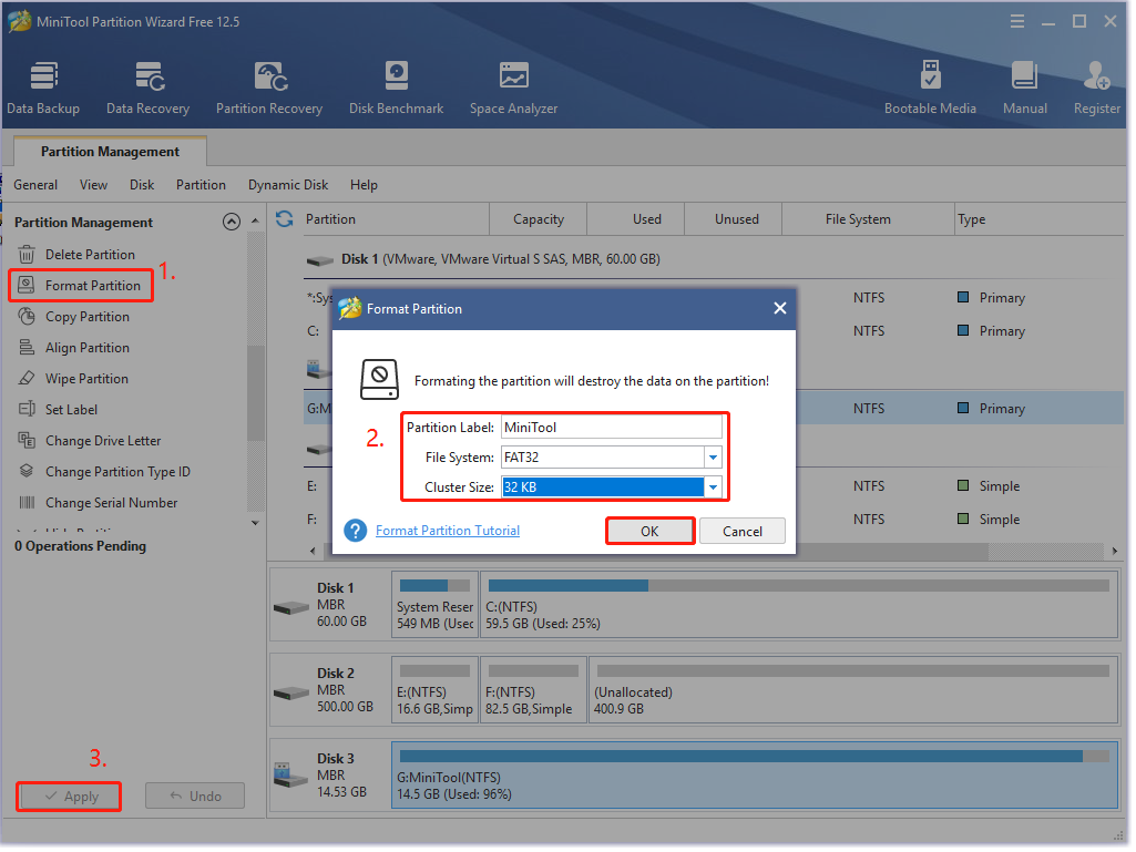 format a USB to FAT32 using MiniTool Partition Wizard
