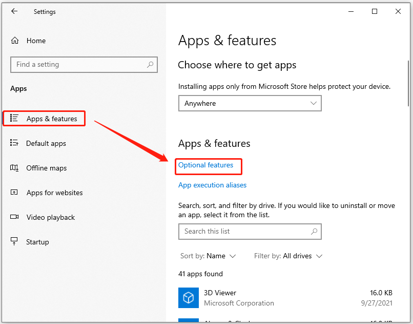 click Optional features