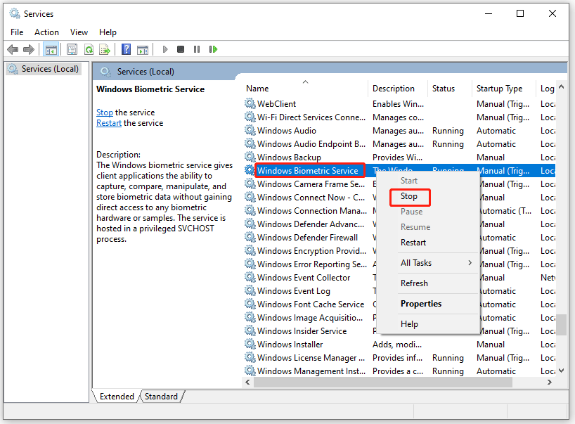 locate Windows Biometric Service and click Stop