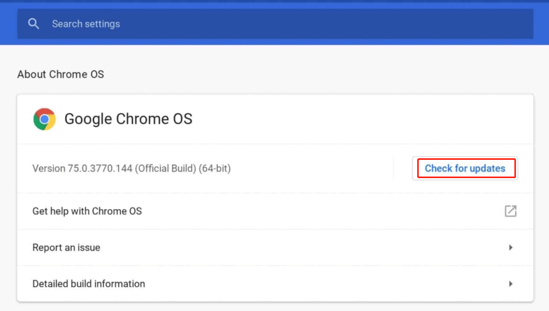 click Check for updates in Google Chrome OS