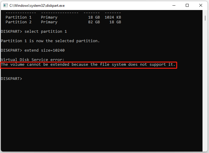 can't be extended because of unsupported file system