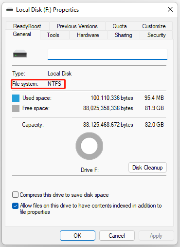 check file system on the properties window