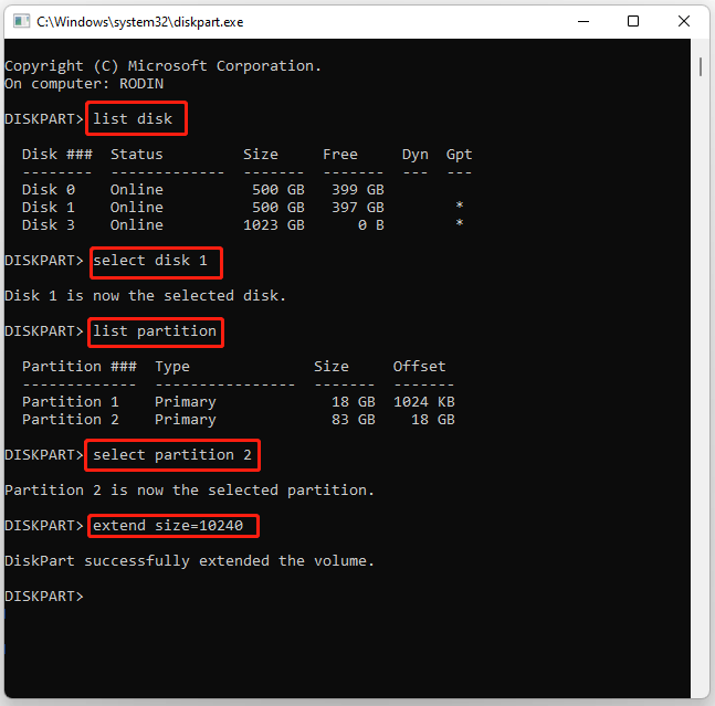 run the commands to extend a partition