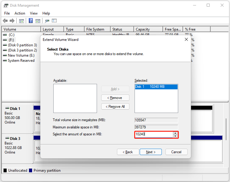 extend a partition via Disk Management