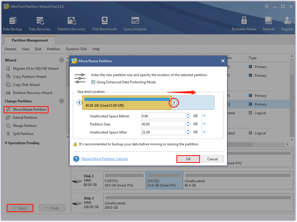 extend a partition using Move/Resize Partition