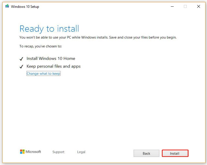 Ready to install in Windows 10 Setup